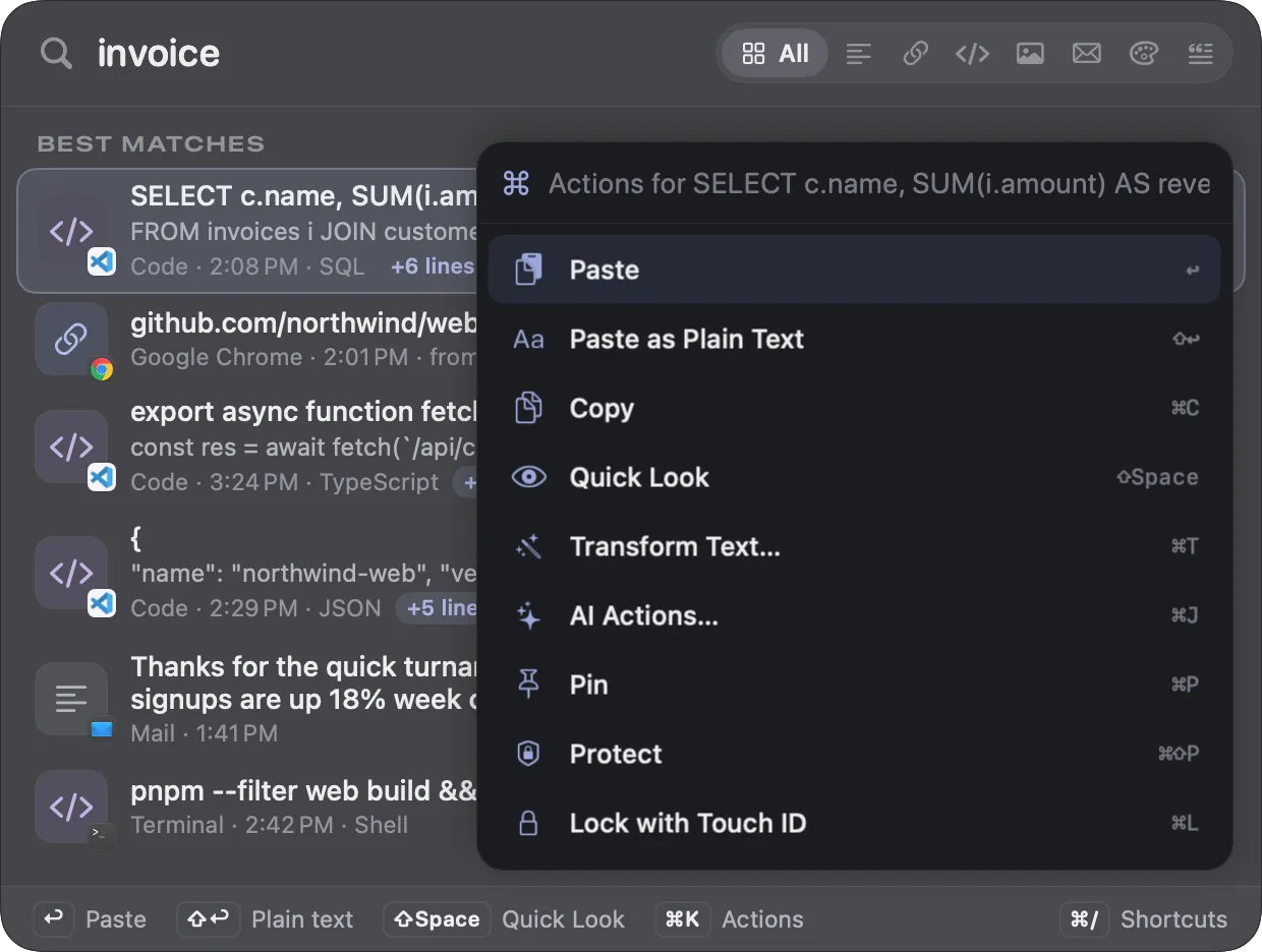 The Copse actions palette listing Paste, Paste as Plain Text, Copy, Quick Look, Transform Text, AI Actions, Pin, Protect and Lock with Touch ID.
