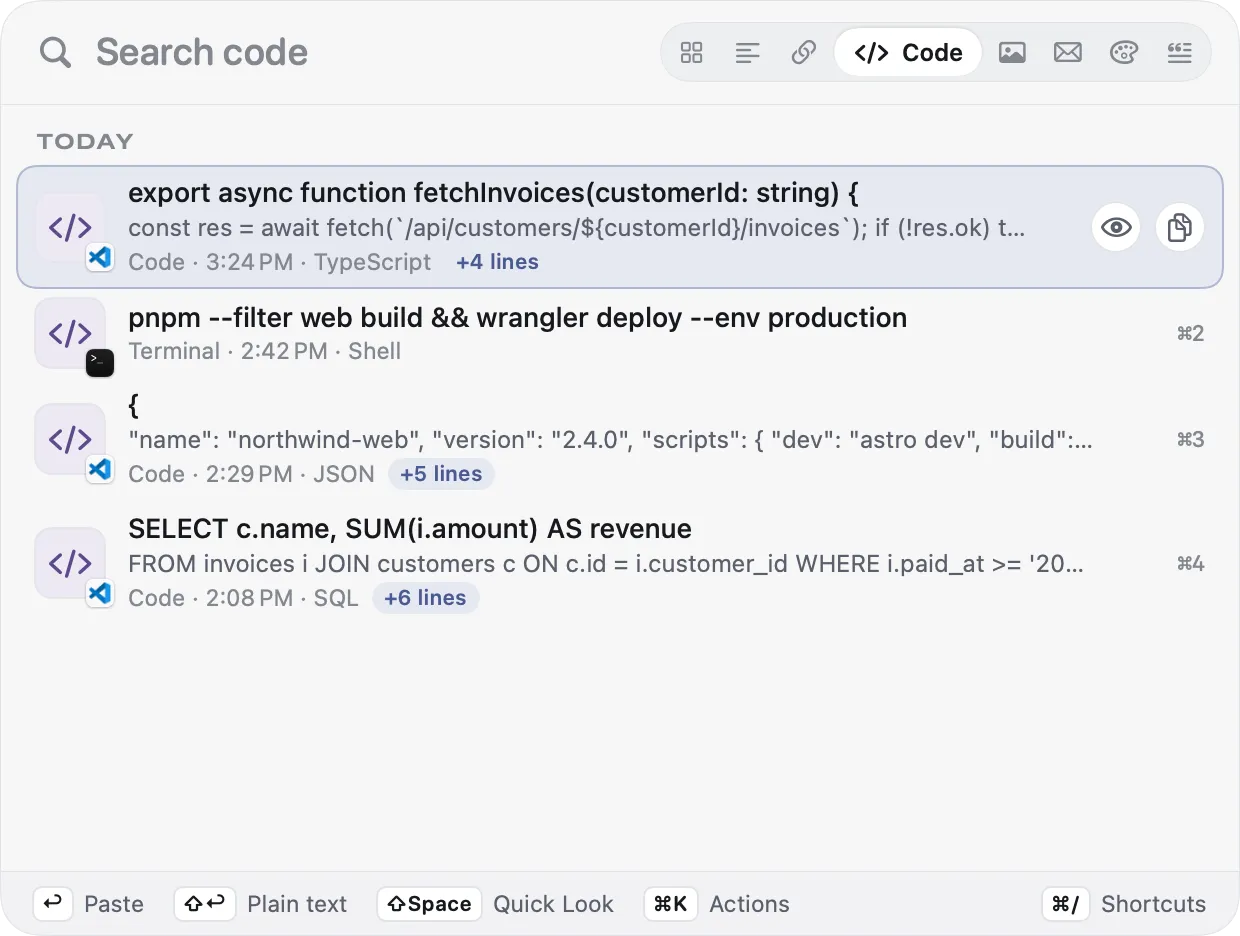 The Copse panel in light mode with the Code scope active, showing TypeScript, a shell command and JSON.