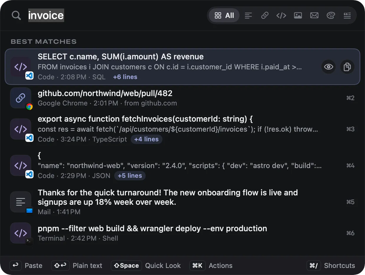 The Copse search panel with “invoice” typed, listing a SQL query, a GitHub link, TypeScript code and a JSON file under Best matches.