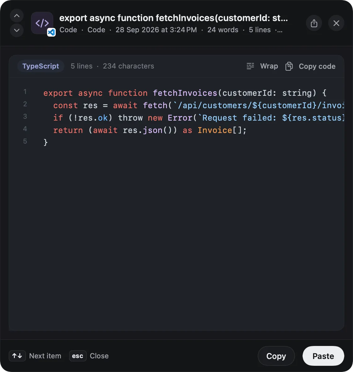 Copse's preview window showing a highlighted TypeScript function with line numbers, a TypeScript badge, Wrap and Copy code buttons.