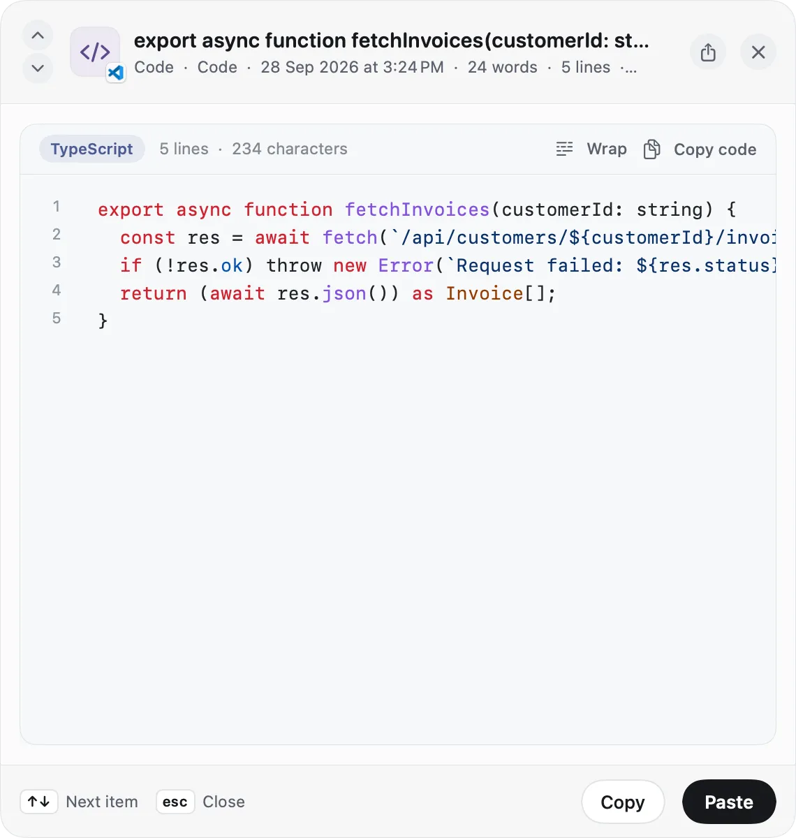 Copse's preview window showing a highlighted TypeScript function with line numbers, a TypeScript badge, Wrap and Copy code buttons.