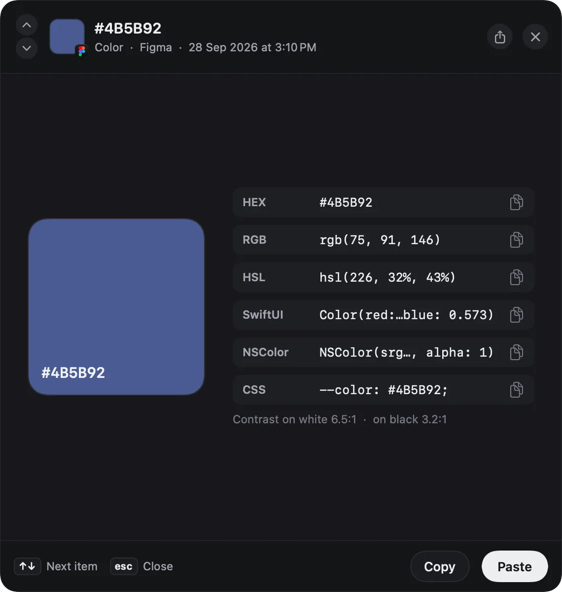Copse's preview of the color #4B5B92 with its HEX, RGB, HSL, SwiftUI, NSColor and CSS values and contrast ratios.